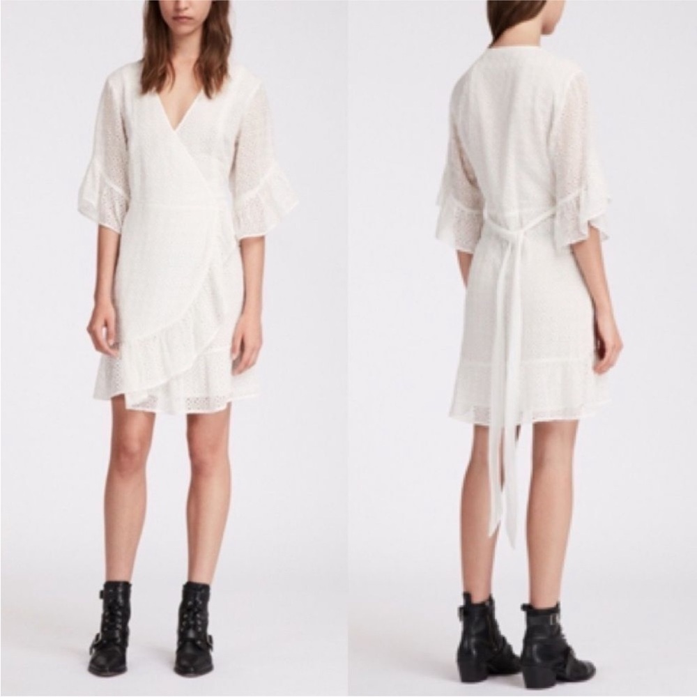 ALLSAINTS eyelet wrap white mini ruffle dress - Picture 3 of 14